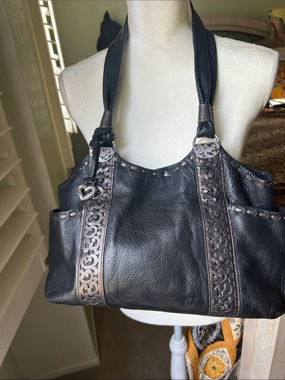 Brighton Black Leather Shoulder Bag with Brown Trim and Heart Charm